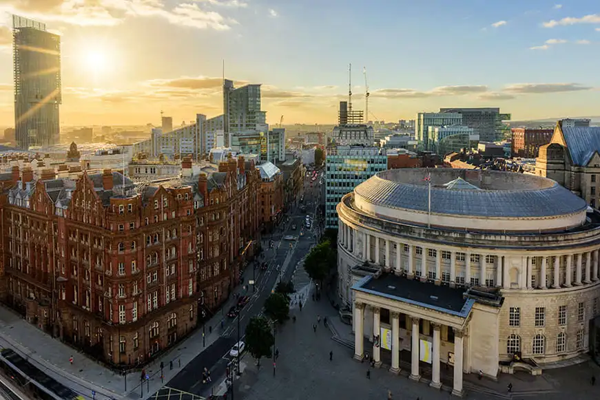 Arial view of Manchester Central Library and the rest of the city